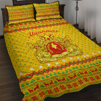 Myanmar Christmas Quilt Bed Set with Yellow-Red-Green Theme, National Emblem, and Star Motif - Wonder Print Shop