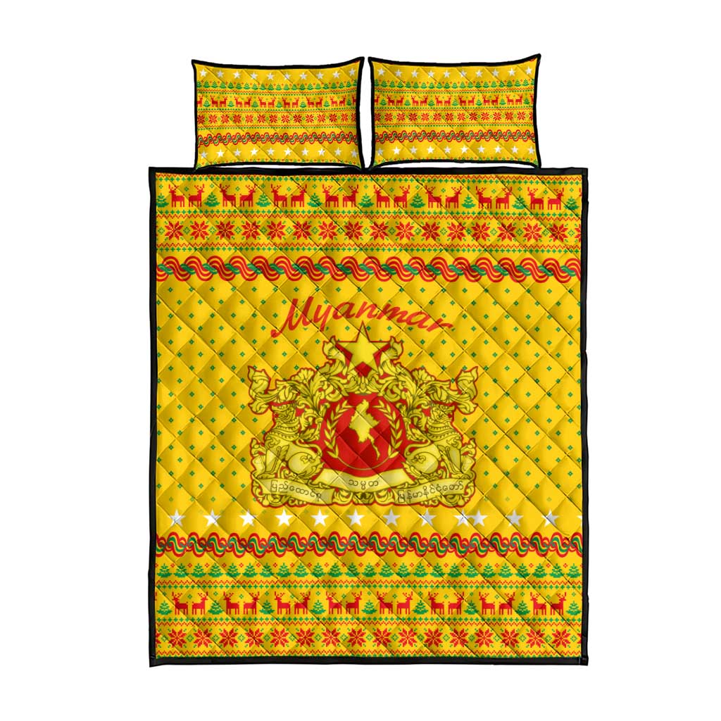 Myanmar Christmas Quilt Bed Set with Yellow-Red-Green Theme, National Emblem, and Star Motif - Wonder Print Shop