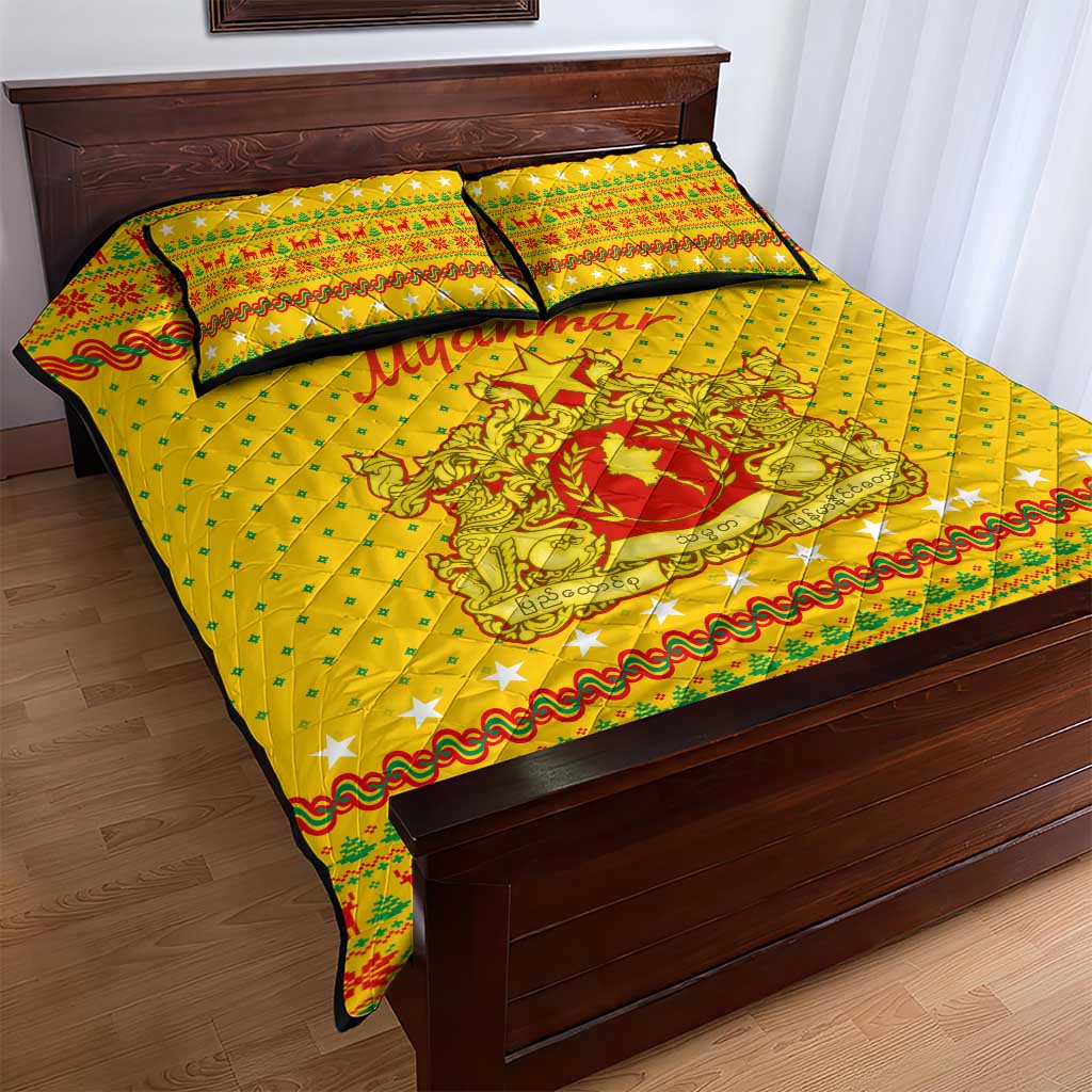 Myanmar Christmas Quilt Bed Set with Yellow-Red-Green Theme, National Emblem, and Star Motif - Wonder Print Shop
