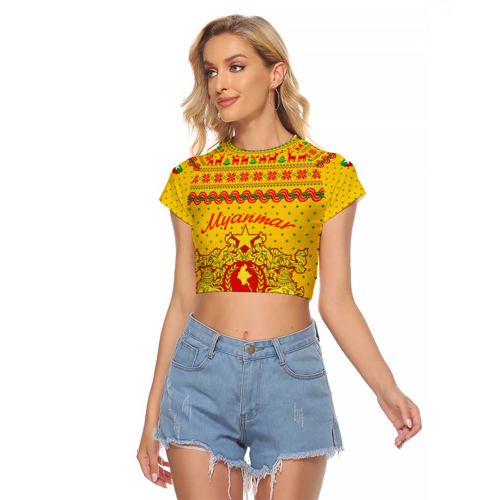 Myanmar Christmas Raglan Cropped T Shirt with Yellow-Red-Green Theme, National Emblem, and Star Motif - Wonder Print Shop