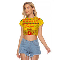 Myanmar Christmas Raglan Cropped T Shirt with Yellow-Red-Green Theme, National Emblem, and Star Motif - Wonder Print Shop