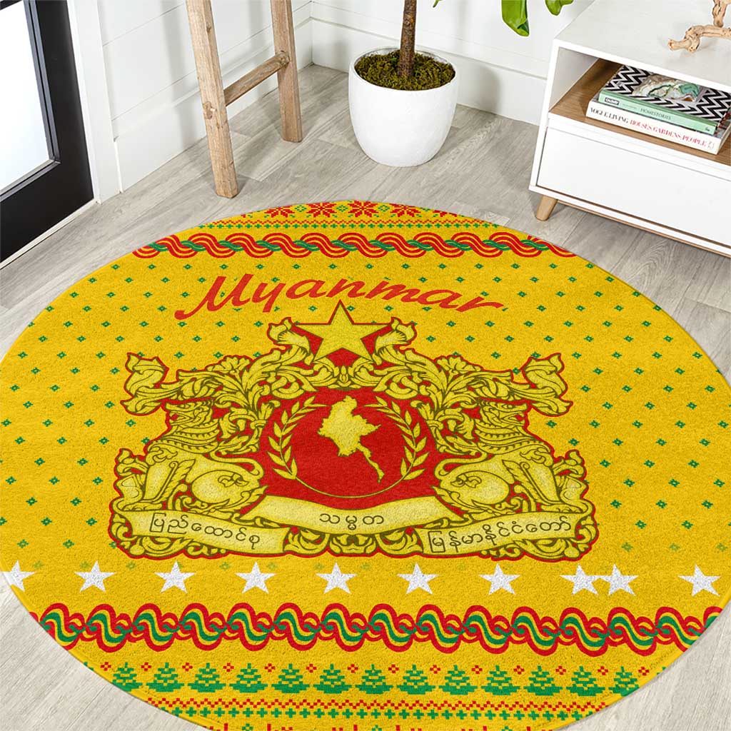 Myanmar Christmas Round Carpet with Yellow-Red-Green Theme, National Emblem, and Star Motif - Wonder Print Shop