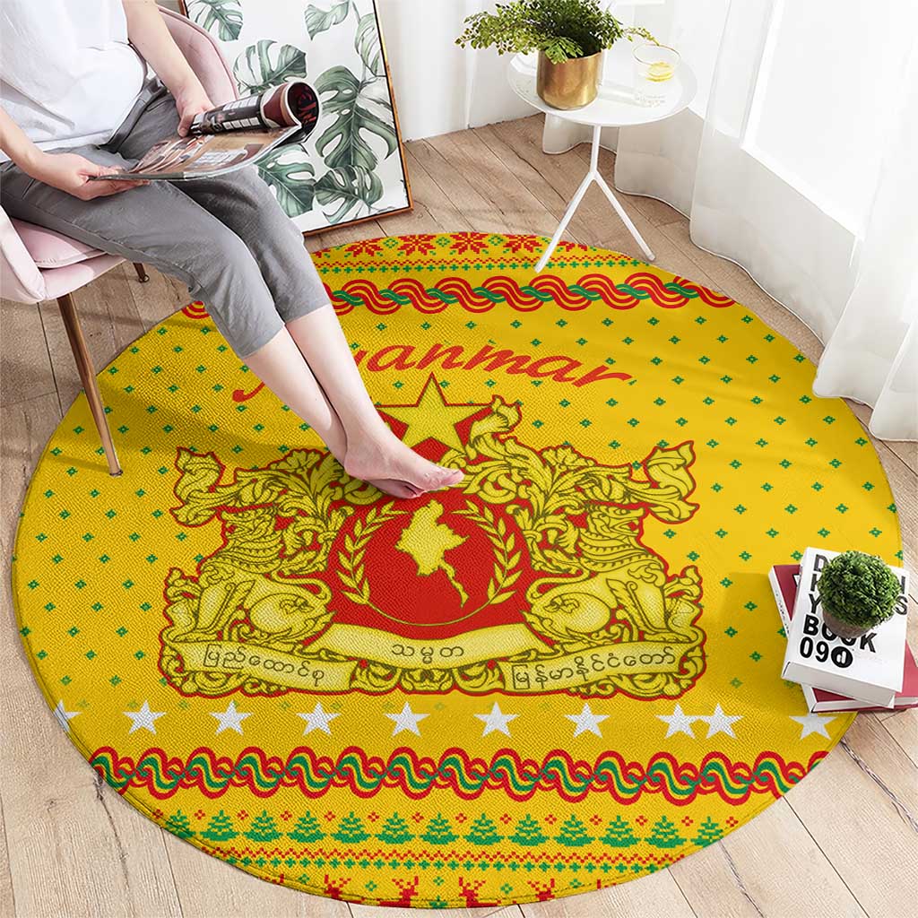 Myanmar Christmas Round Carpet with Yellow-Red-Green Theme, National Emblem, and Star Motif - Wonder Print Shop