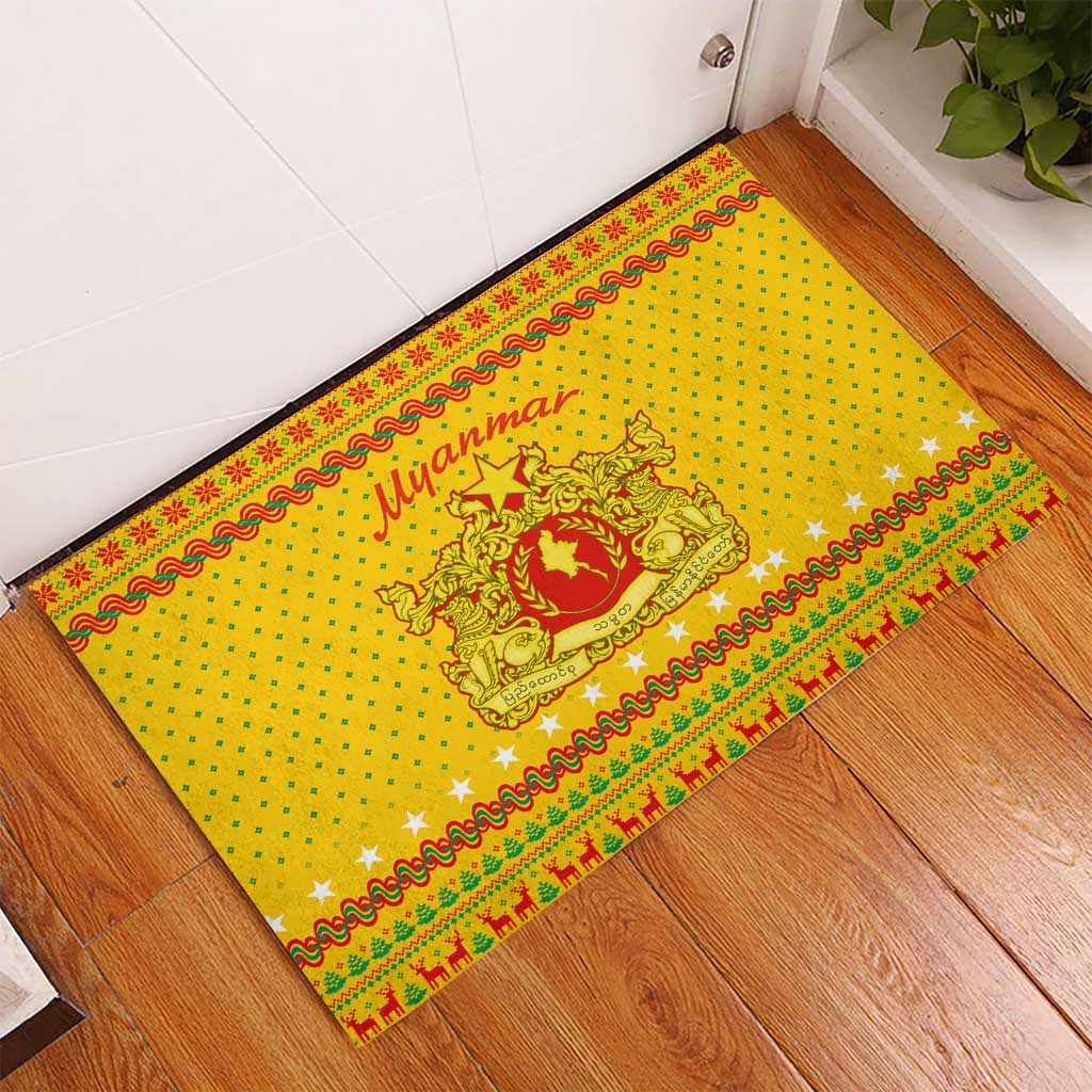 Myanmar Christmas Rubber Doormat with Yellow-Red-Green Theme, National Emblem, and Star Motif - Wonder Print Shop