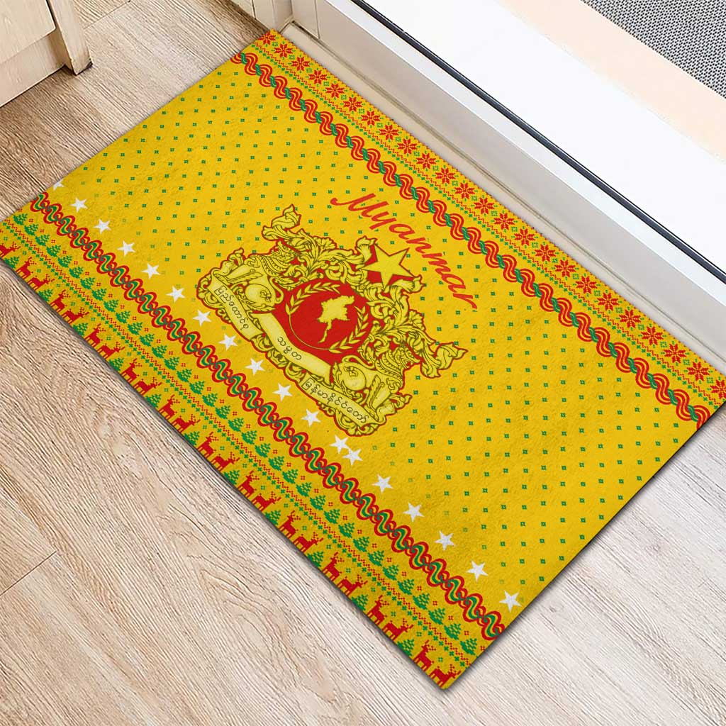 Myanmar Christmas Rubber Doormat with Yellow-Red-Green Theme, National Emblem, and Star Motif - Wonder Print Shop