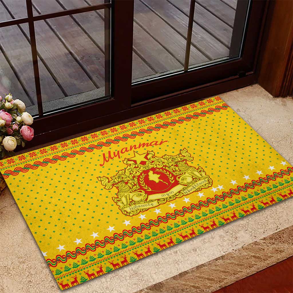 Myanmar Christmas Rubber Doormat with Yellow-Red-Green Theme, National Emblem, and Star Motif - Wonder Print Shop