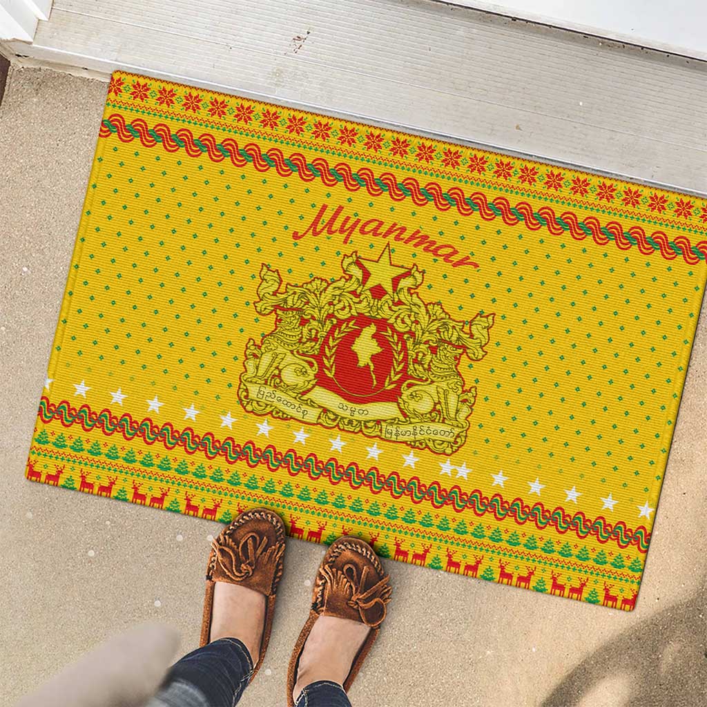 Myanmar Christmas Rubber Doormat with Yellow-Red-Green Theme, National Emblem, and Star Motif - Wonder Print Shop