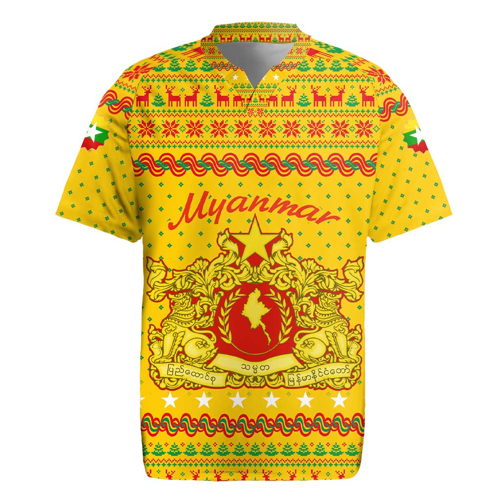 Myanmar Christmas Rugby Jersey with Yellow-Red-Green Theme, National Emblem, and Star Motif - Wonder Print Shop