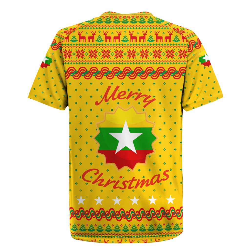 Myanmar Christmas Rugby Jersey with Yellow-Red-Green Theme, National Emblem, and Star Motif - Wonder Print Shop