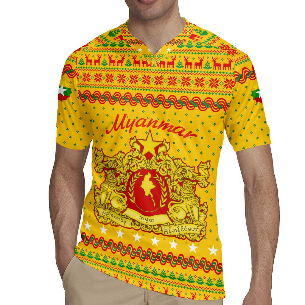 Myanmar Christmas Rugby Jersey with Yellow-Red-Green Theme, National Emblem, and Star Motif - Wonder Print Shop