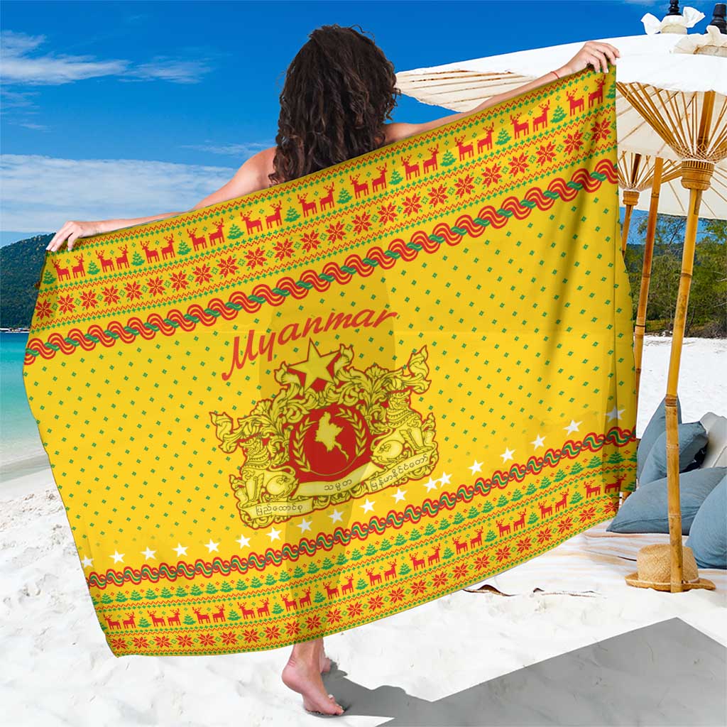 Myanmar Christmas Sarong with Yellow-Red-Green Theme, National Emblem, and Star Motif - Wonder Print Shop