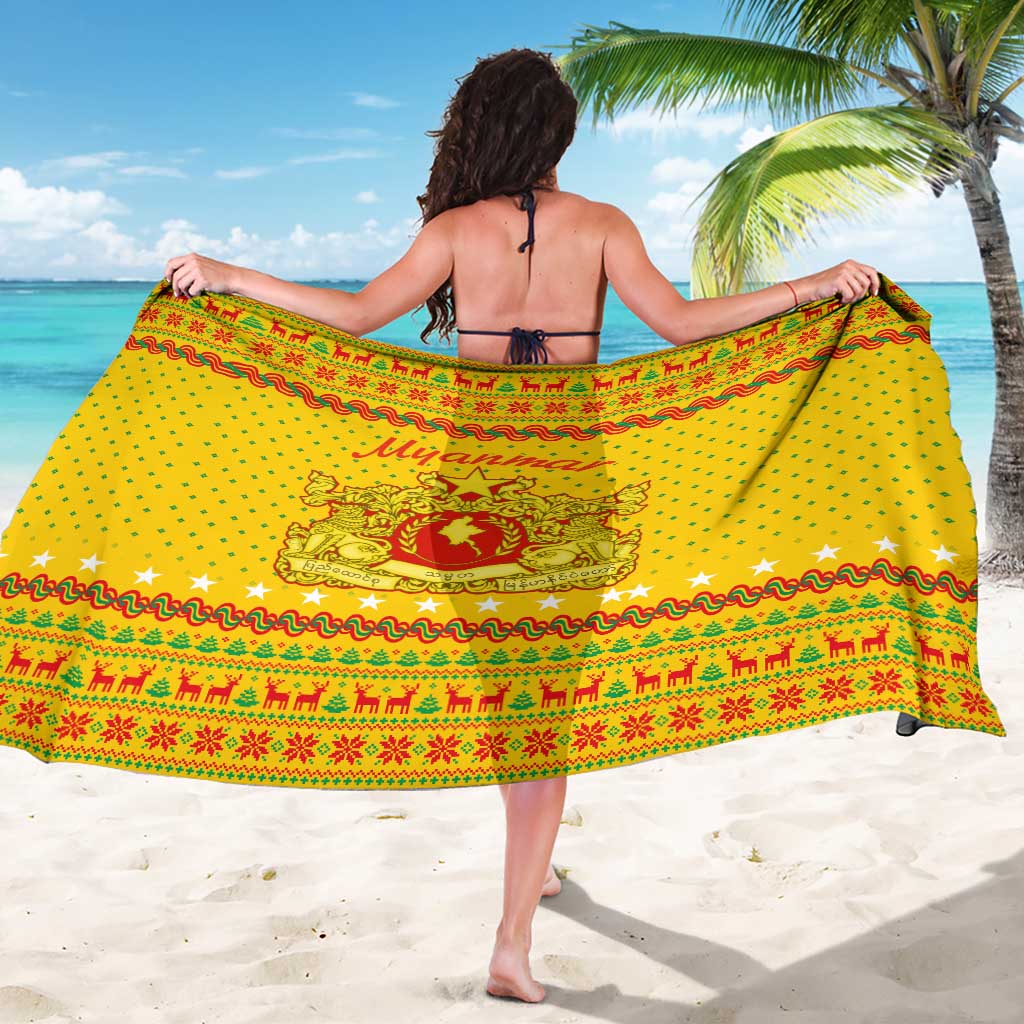 Myanmar Christmas Sarong with Yellow-Red-Green Theme, National Emblem, and Star Motif - Wonder Print Shop