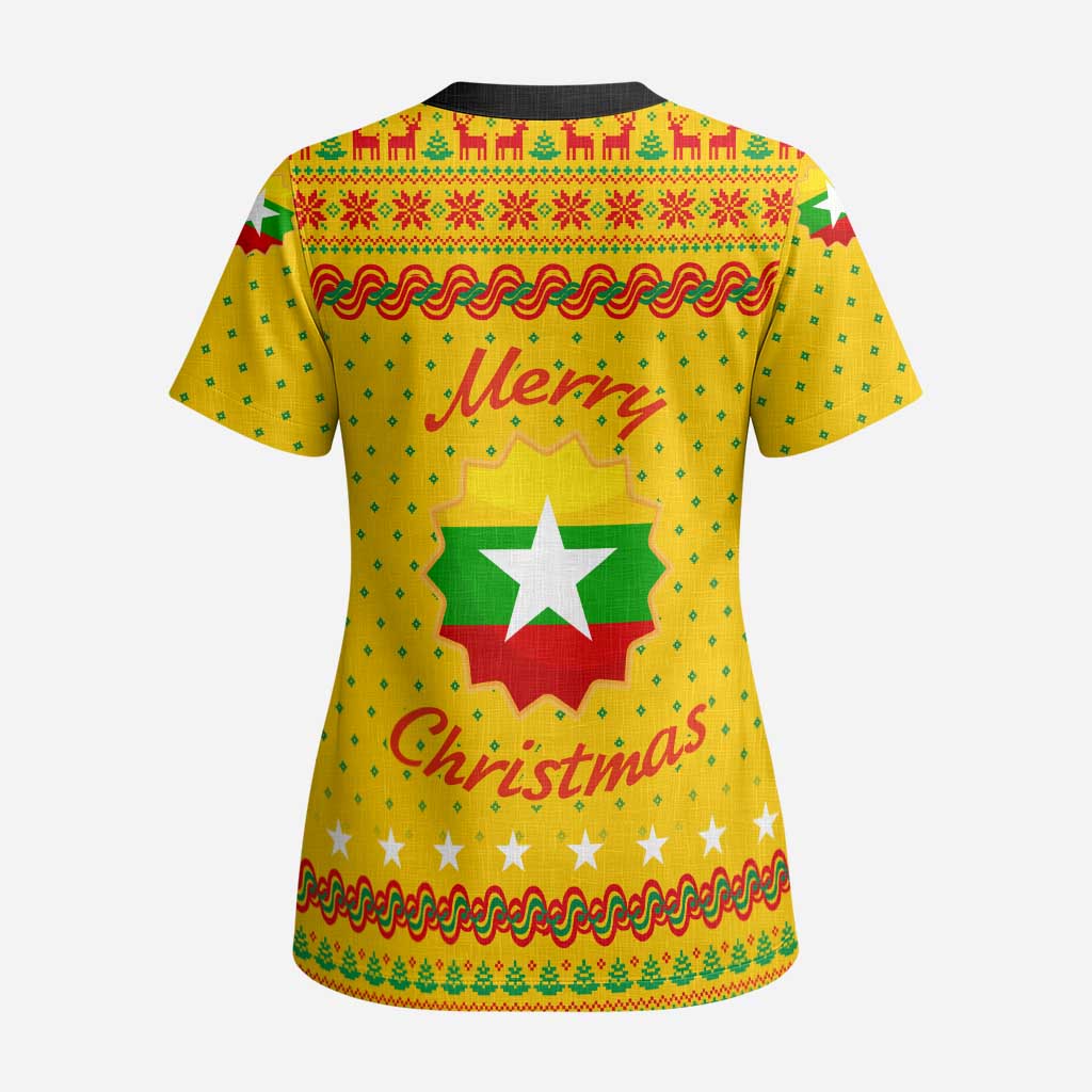 Myanmar Christmas Scrub Top with Yellow-Red-Green Theme, National Emblem, and Star Motif - Wonder Print Shop