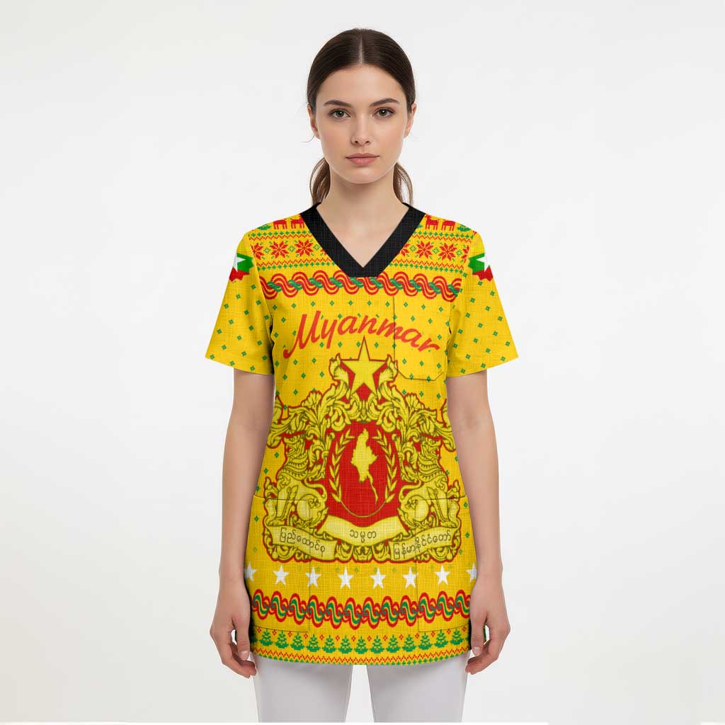 Myanmar Christmas Scrub Top with Yellow-Red-Green Theme, National Emblem, and Star Motif - Wonder Print Shop