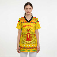 Myanmar Christmas Scrub Top with Yellow-Red-Green Theme, National Emblem, and Star Motif - Wonder Print Shop