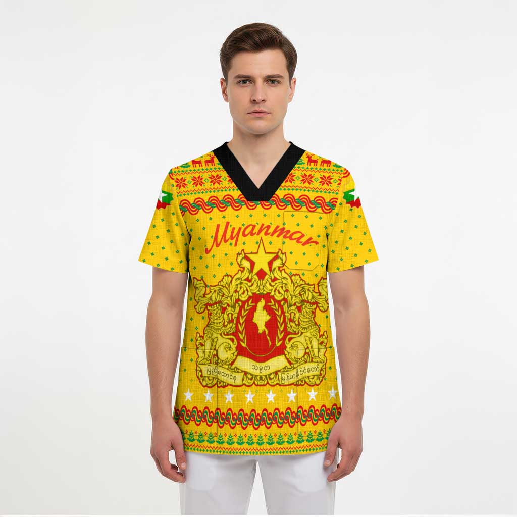 Myanmar Christmas Scrub Top with Yellow-Red-Green Theme, National Emblem, and Star Motif - Wonder Print Shop