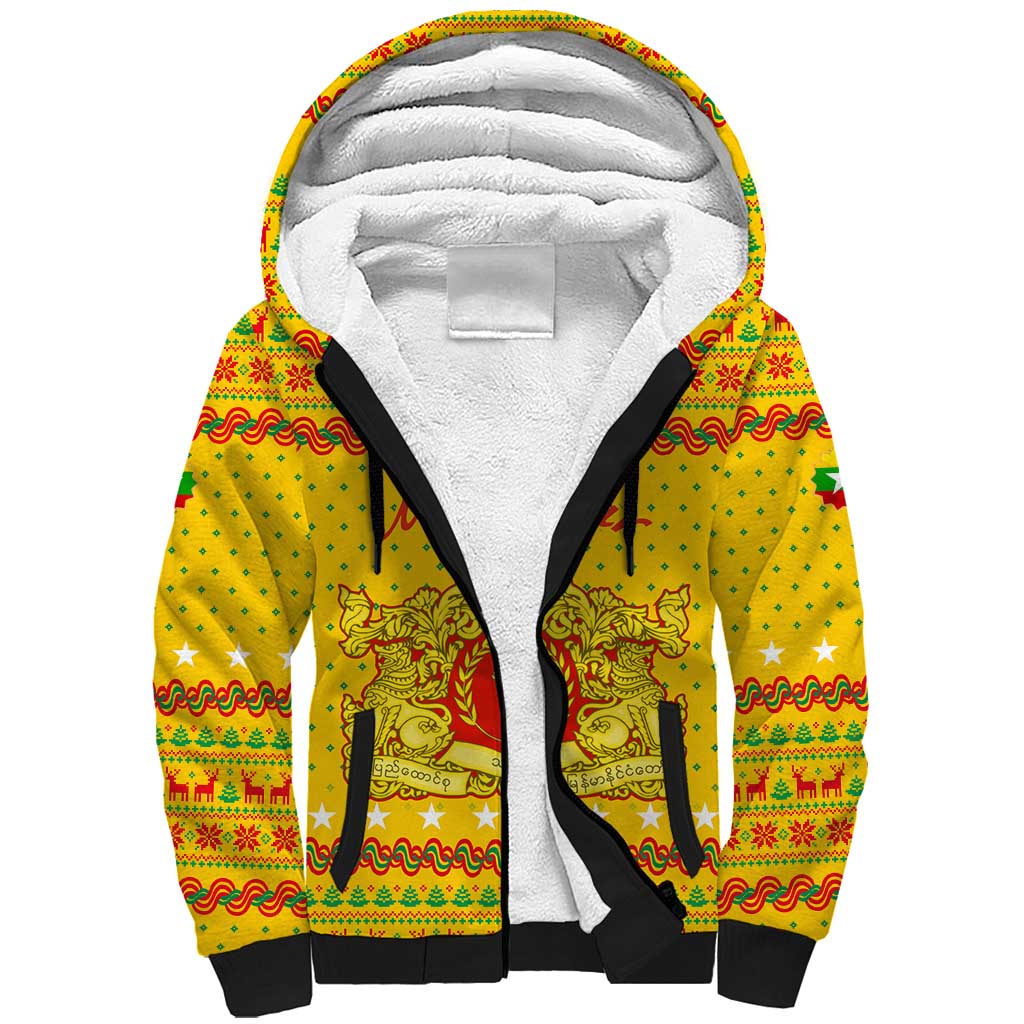 Myanmar Christmas Sherpa Hoodie with Yellow-Red-Green Theme, National Emblem, and Star Motif - Wonder Print Shop