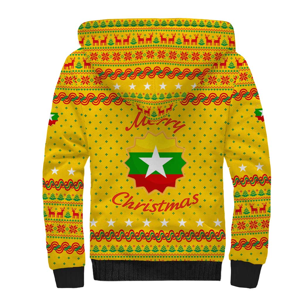 Myanmar Christmas Sherpa Hoodie with Yellow-Red-Green Theme, National Emblem, and Star Motif - Wonder Print Shop