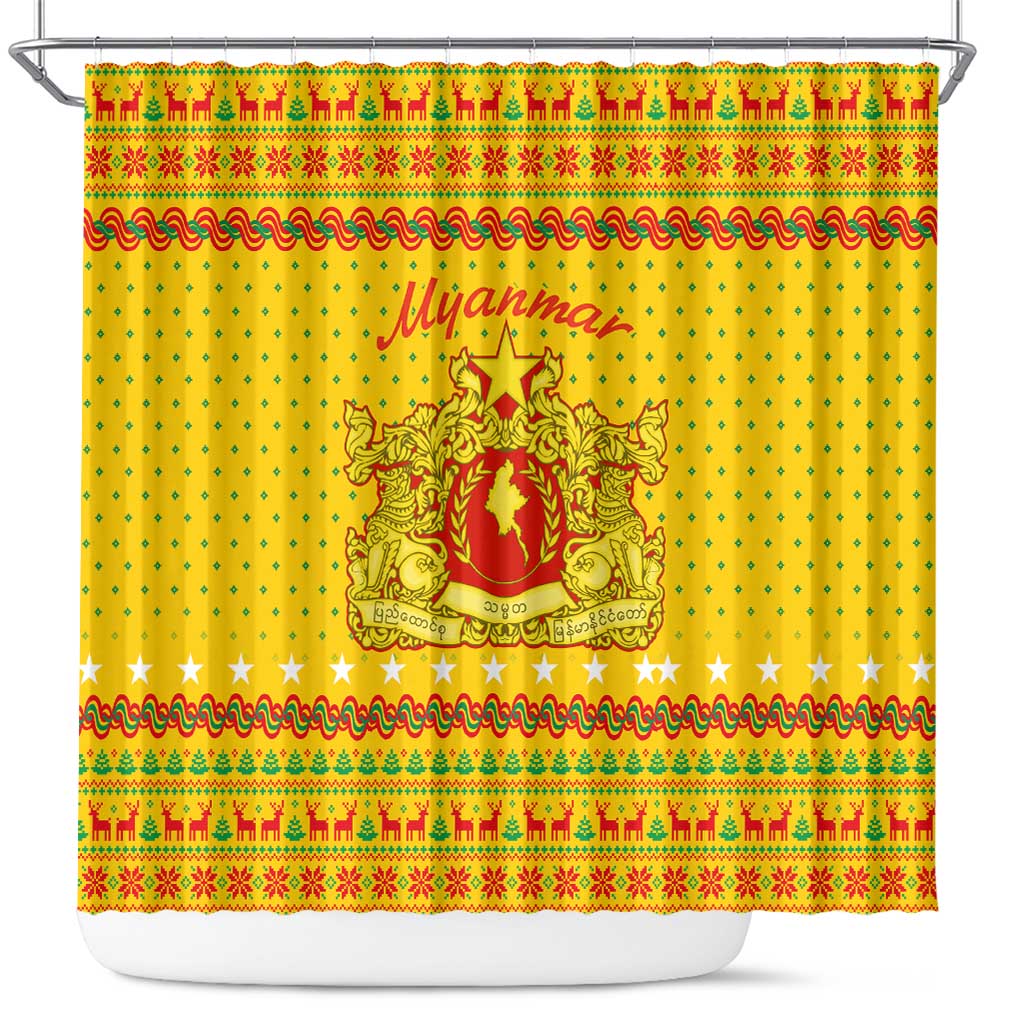 Myanmar Christmas Shower Curtain with Yellow-Red-Green Theme, National Emblem, and Star Motif - Wonder Print Shop