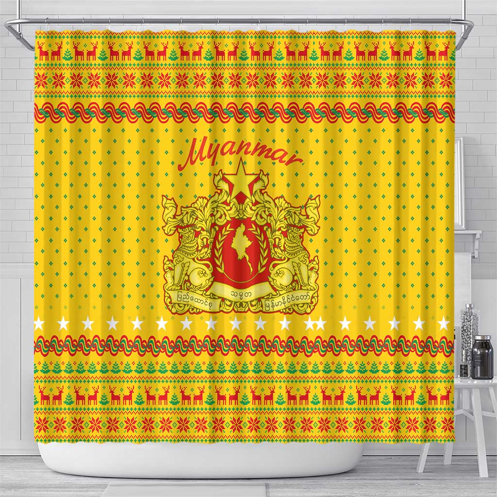 Myanmar Christmas Shower Curtain with Yellow-Red-Green Theme, National Emblem, and Star Motif - Wonder Print Shop