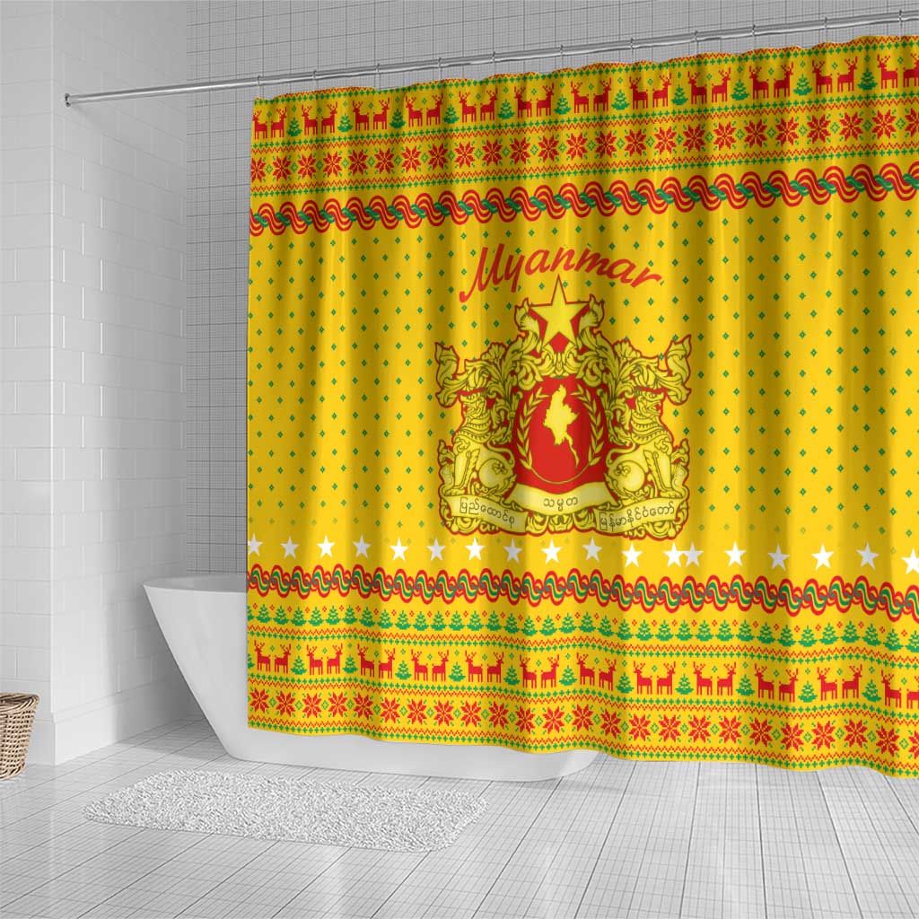 Myanmar Christmas Shower Curtain with Yellow-Red-Green Theme, National Emblem, and Star Motif - Wonder Print Shop