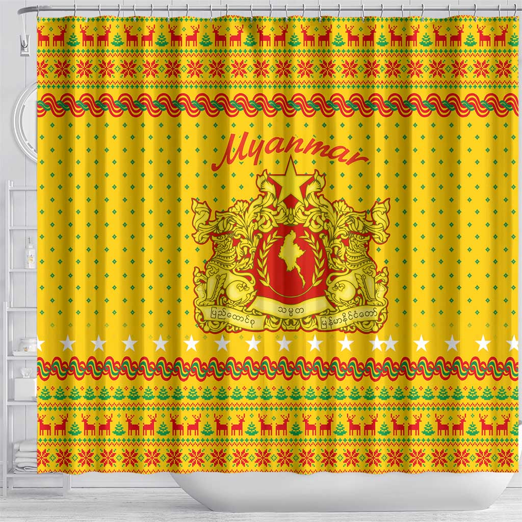 Myanmar Christmas Shower Curtain with Yellow-Red-Green Theme, National Emblem, and Star Motif - Wonder Print Shop