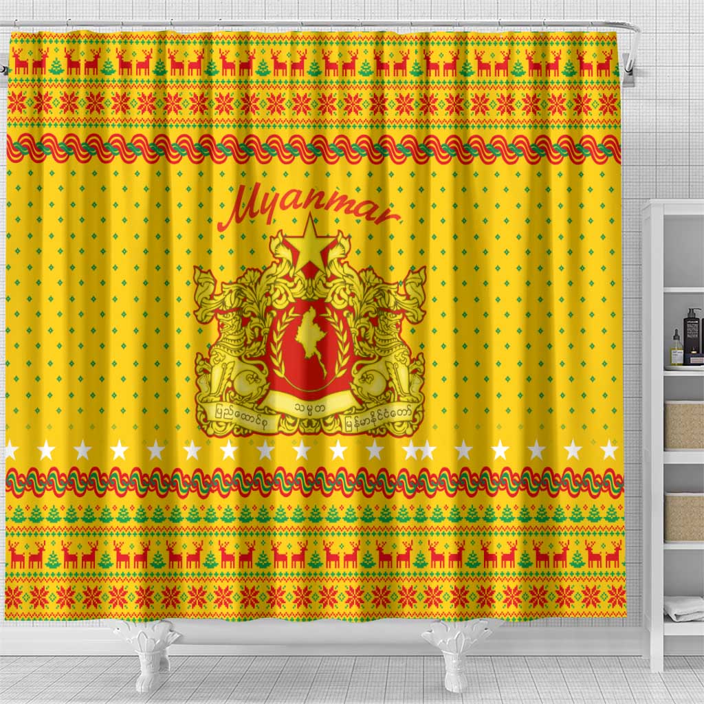 Myanmar Christmas Shower Curtain with Yellow-Red-Green Theme, National Emblem, and Star Motif - Wonder Print Shop