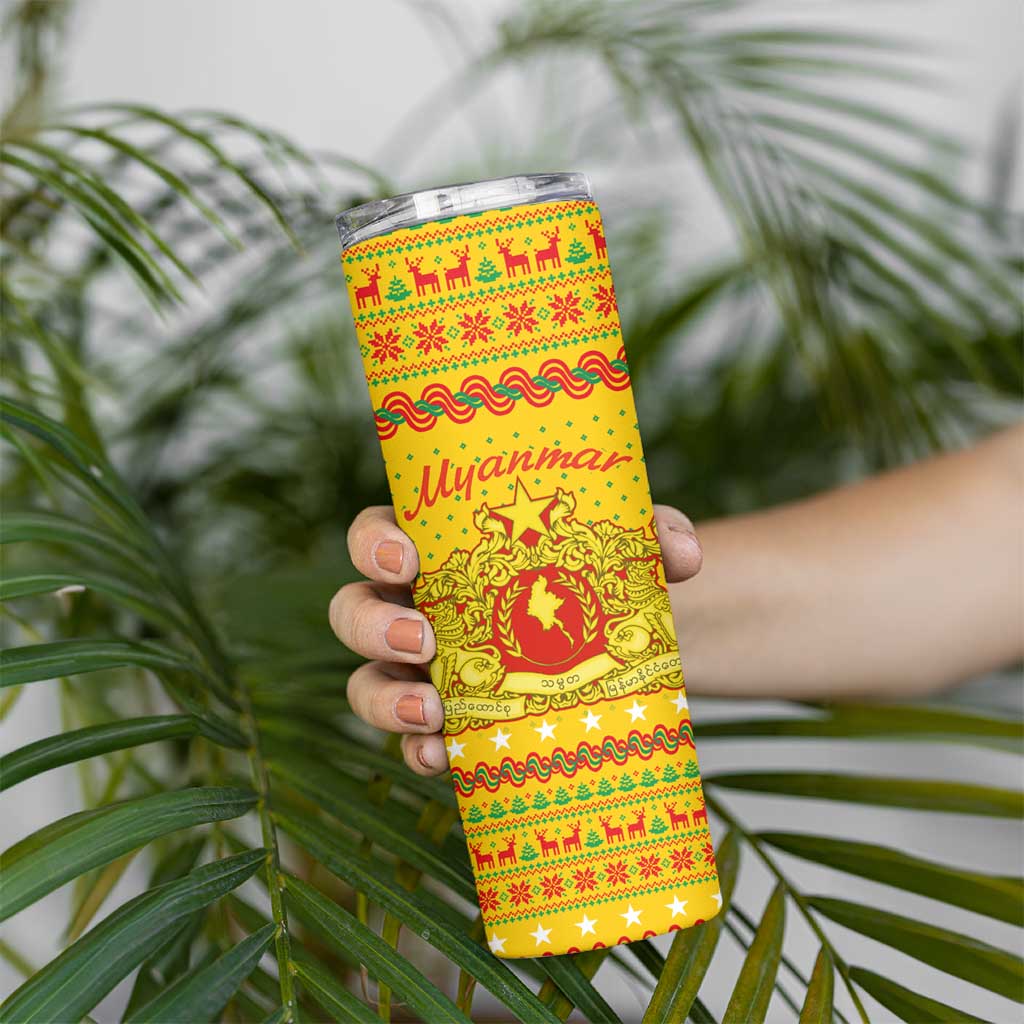 Myanmar Christmas Skinny Tumbler with Yellow-Red-Green Theme, National Emblem, and Star Motif - Wonder Print Shop
