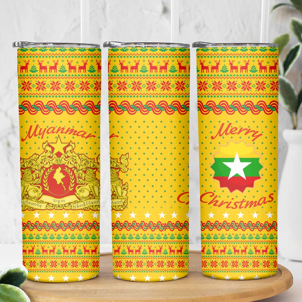 Myanmar Christmas Skinny Tumbler with Yellow-Red-Green Theme, National Emblem, and Star Motif - Wonder Print Shop