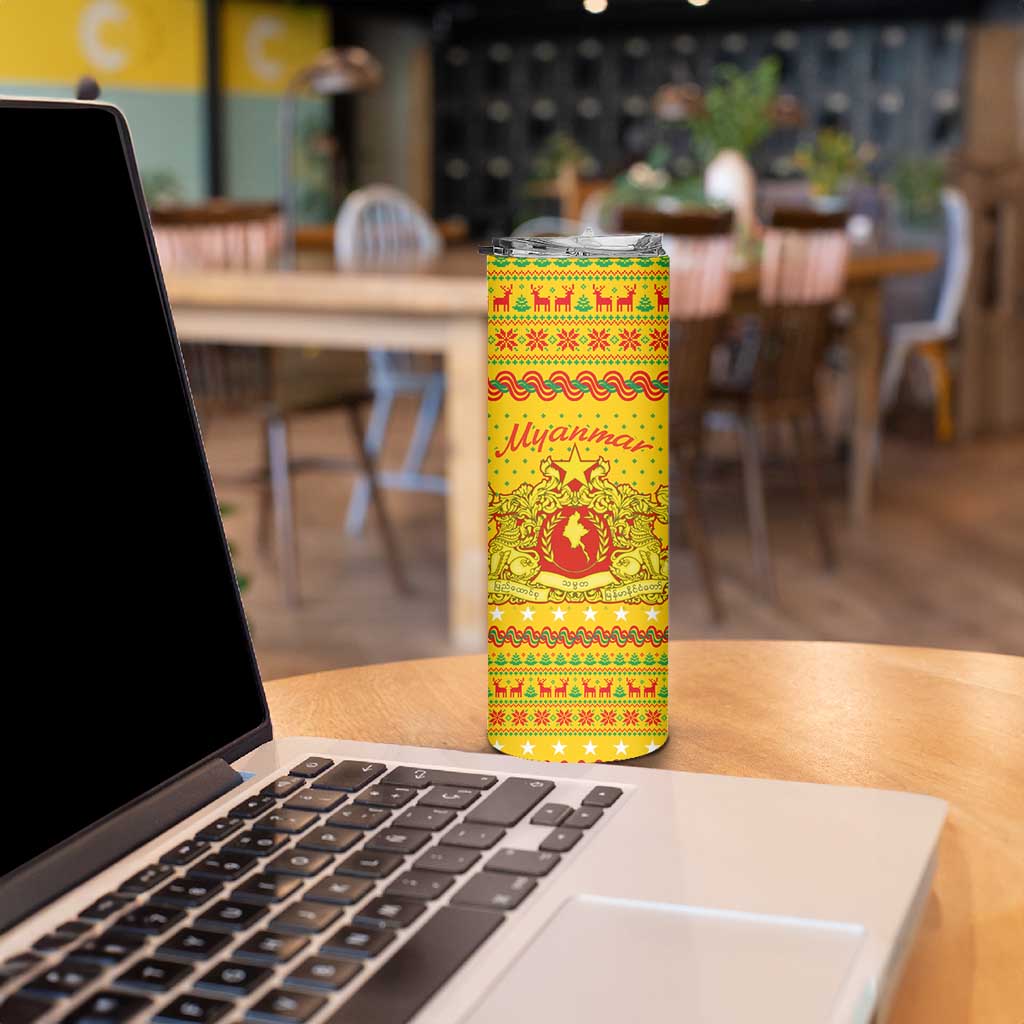 Myanmar Christmas Skinny Tumbler with Yellow-Red-Green Theme, National Emblem, and Star Motif - Wonder Print Shop
