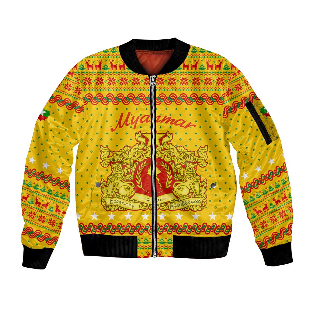 Myanmar Christmas Sleeve Zip Bomber Jacket with Yellow-Red-Green Theme, National Emblem, and Star Motif - Wonder Print Shop