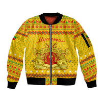 Myanmar Christmas Sleeve Zip Bomber Jacket with Yellow-Red-Green Theme, National Emblem, and Star Motif - Wonder Print Shop