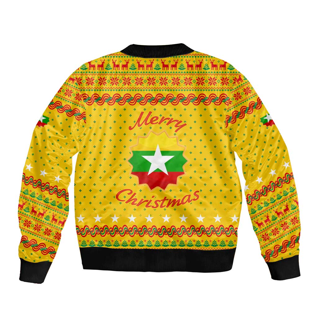 Myanmar Christmas Sleeve Zip Bomber Jacket with Yellow-Red-Green Theme, National Emblem, and Star Motif - Wonder Print Shop
