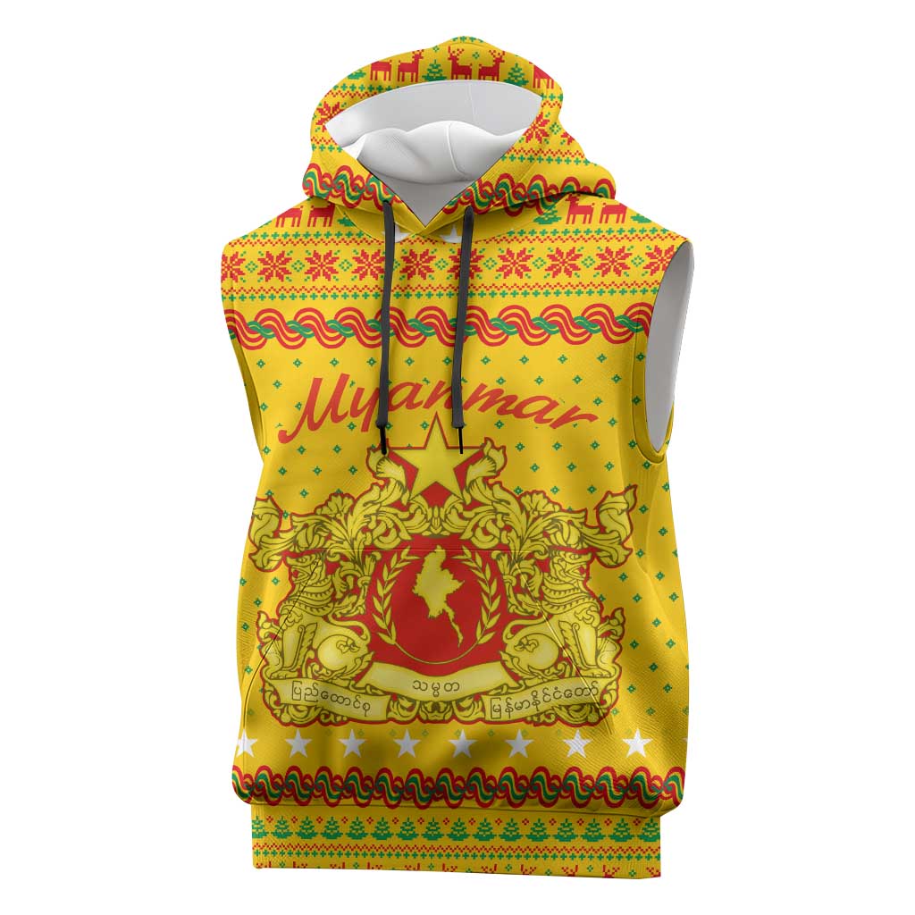 Myanmar Christmas Sleeveless Hoodie with Yellow-Red-Green Theme, National Emblem, and Star Motif - Wonder Print Shop