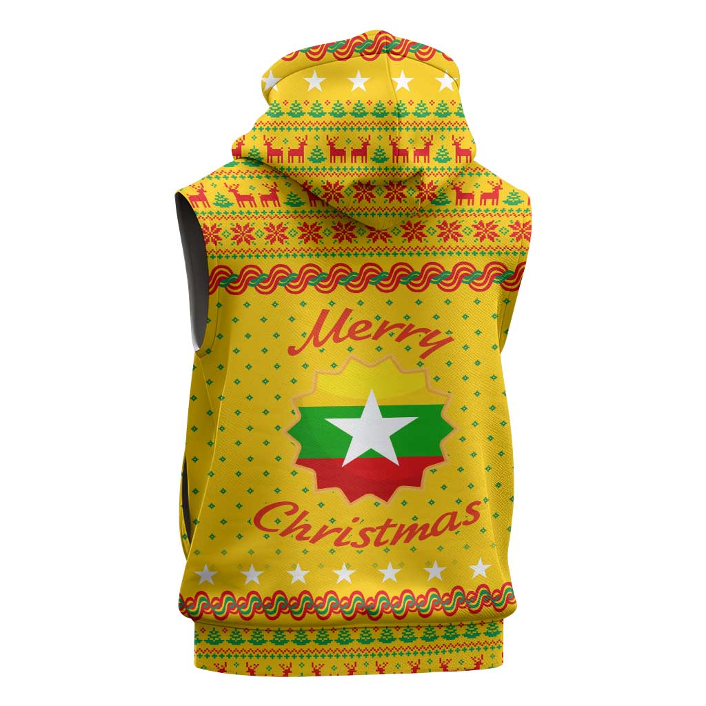 Myanmar Christmas Sleeveless Hoodie with Yellow-Red-Green Theme, National Emblem, and Star Motif - Wonder Print Shop