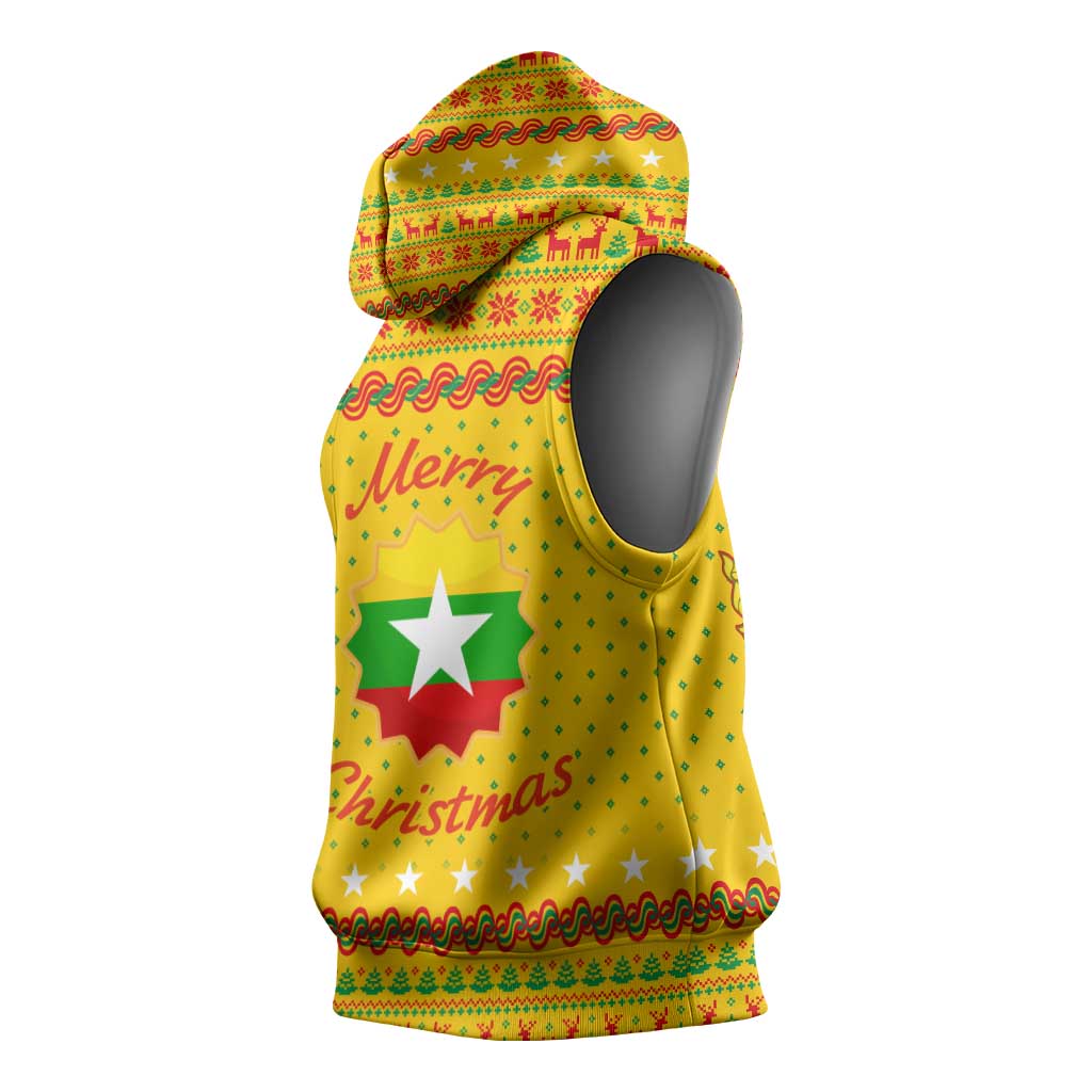 Myanmar Christmas Sleeveless Hoodie with Yellow-Red-Green Theme, National Emblem, and Star Motif - Wonder Print Shop