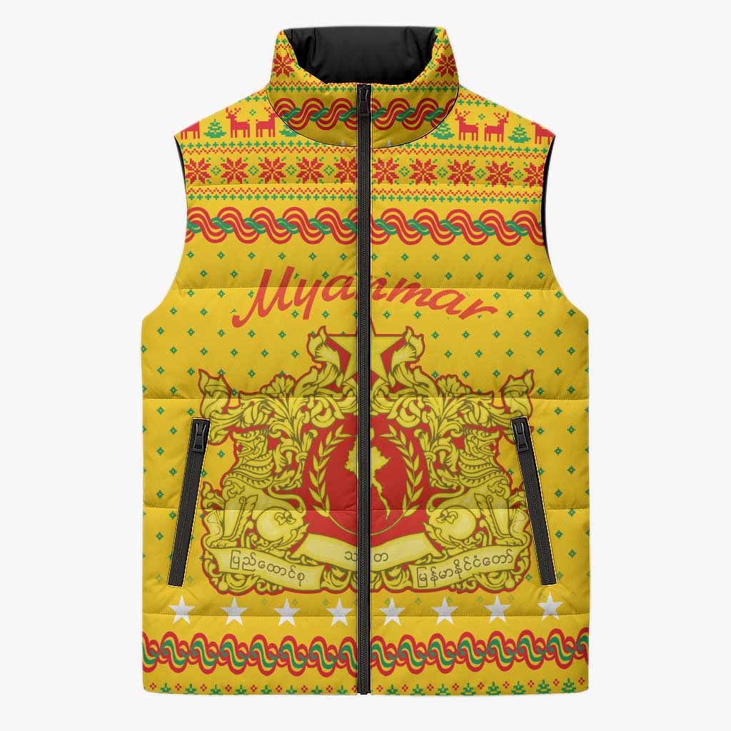 Myanmar Christmas Sleeveless Puffer Jacket with Yellow-Red-Green Theme, National Emblem, and Star Motif - Wonder Print Shop