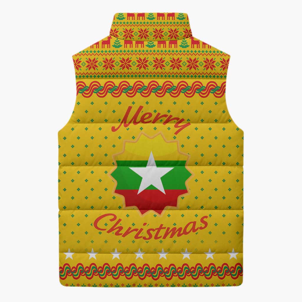 Myanmar Christmas Sleeveless Puffer Jacket with Yellow-Red-Green Theme, National Emblem, and Star Motif - Wonder Print Shop