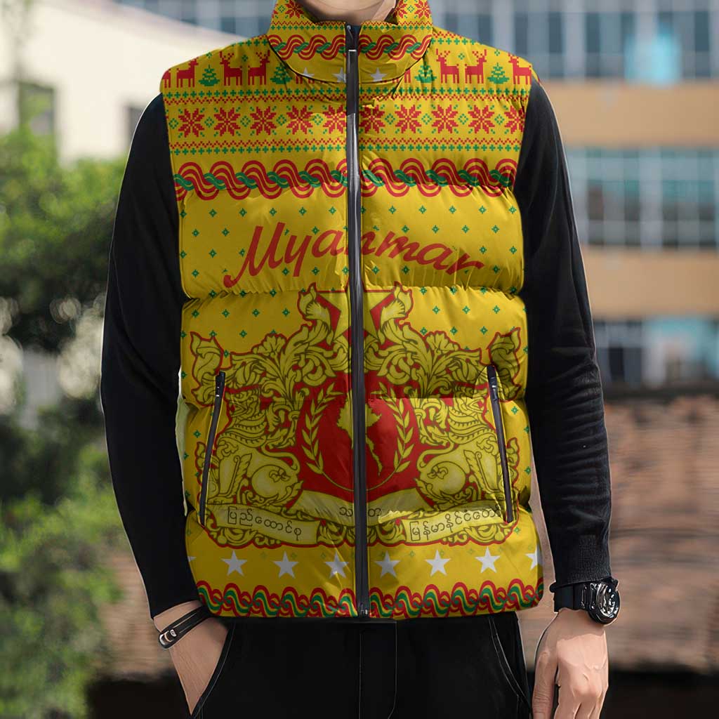 Myanmar Christmas Sleeveless Puffer Jacket with Yellow-Red-Green Theme, National Emblem, and Star Motif - Wonder Print Shop