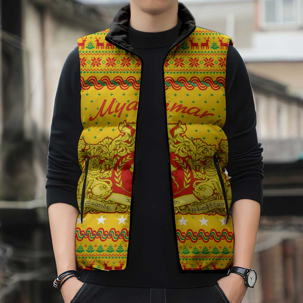 Myanmar Christmas Sleeveless Puffer Jacket with Yellow-Red-Green Theme, National Emblem, and Star Motif - Wonder Print Shop