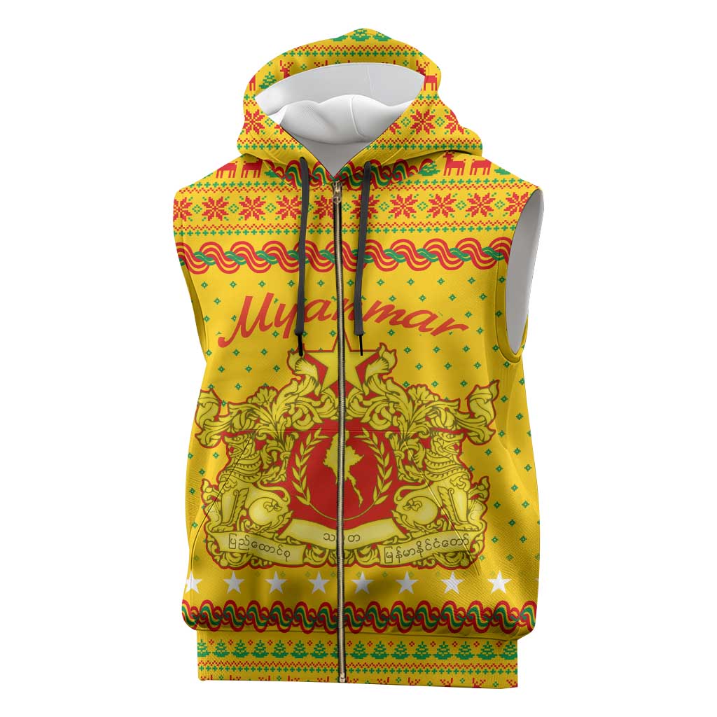 Myanmar Christmas Sleeveless Zip Hoodie with Yellow-Red-Green Theme, National Emblem, and Star Motif - Wonder Print Shop