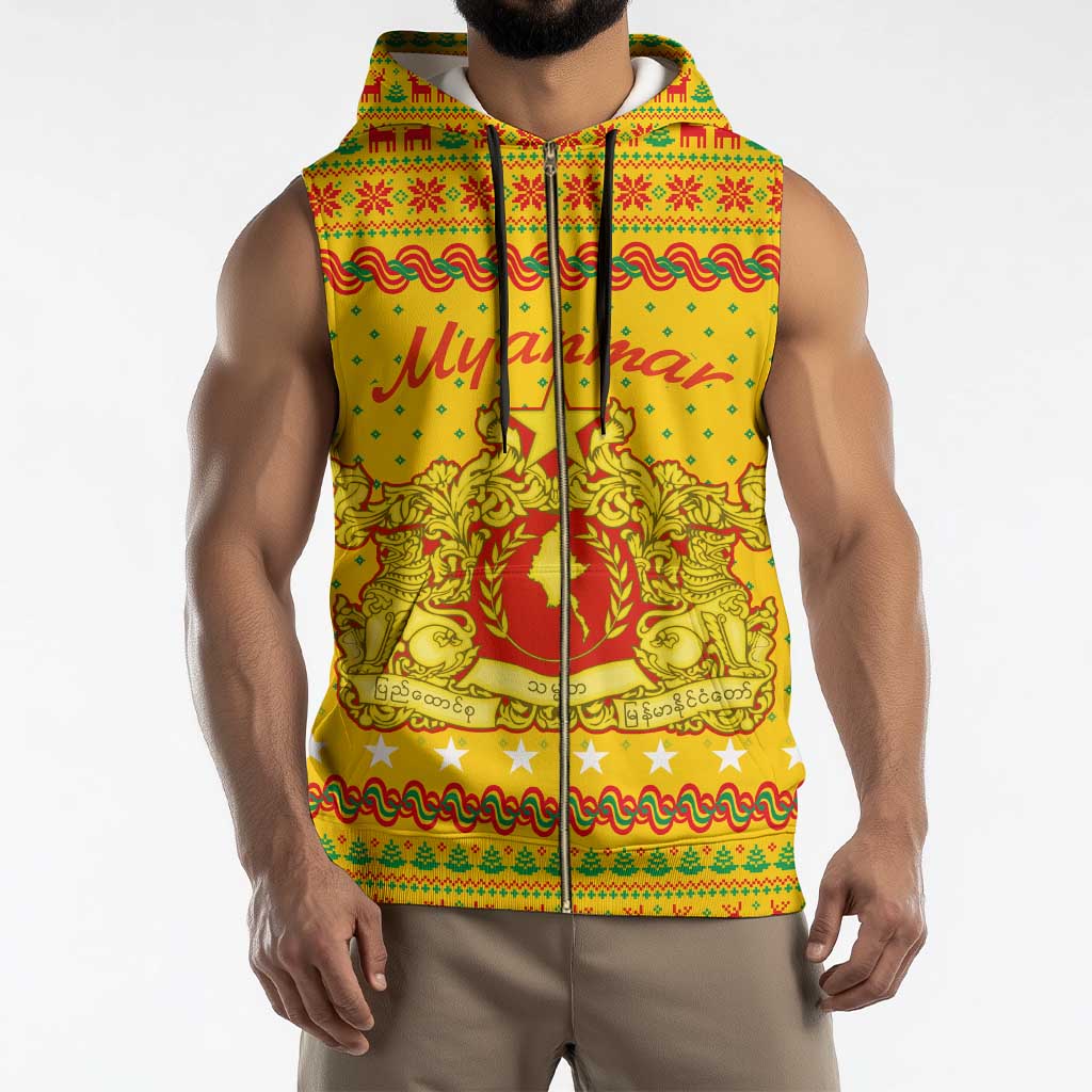 Myanmar Christmas Sleeveless Zip Hoodie with Yellow-Red-Green Theme, National Emblem, and Star Motif - Wonder Print Shop