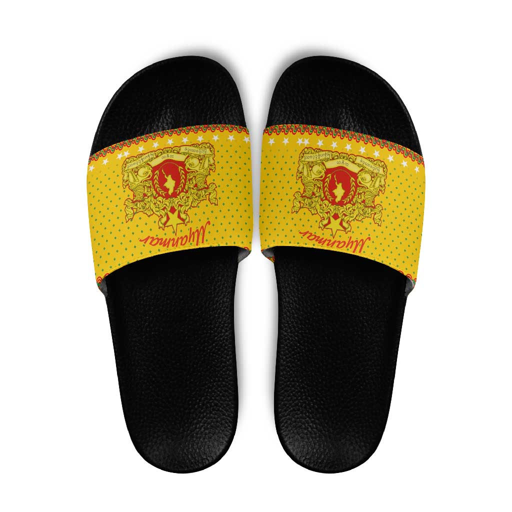Myanmar Christmas Slide Sandals with Yellow-Red-Green Theme, National Emblem, and Star Motif - Wonder Print Shop