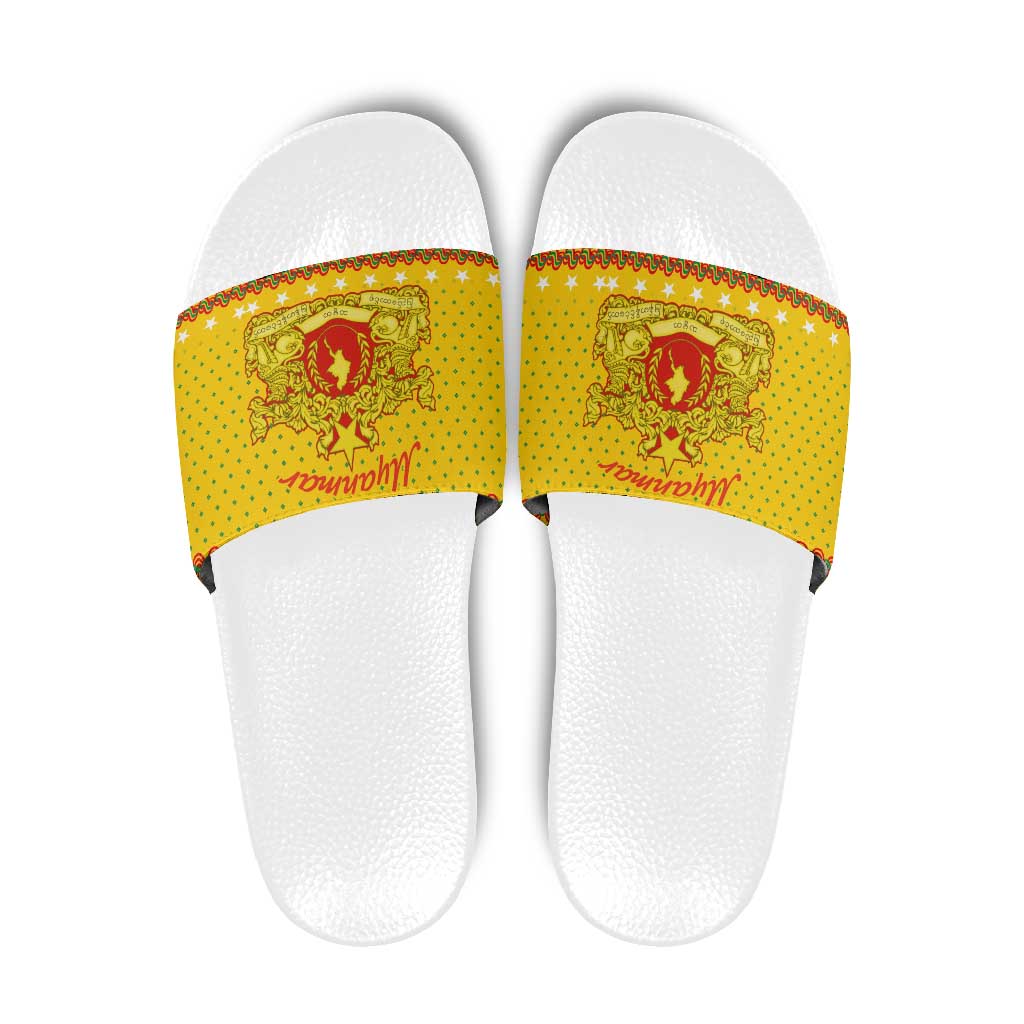 Myanmar Christmas Slide Sandals with Yellow-Red-Green Theme, National Emblem, and Star Motif - Wonder Print Shop