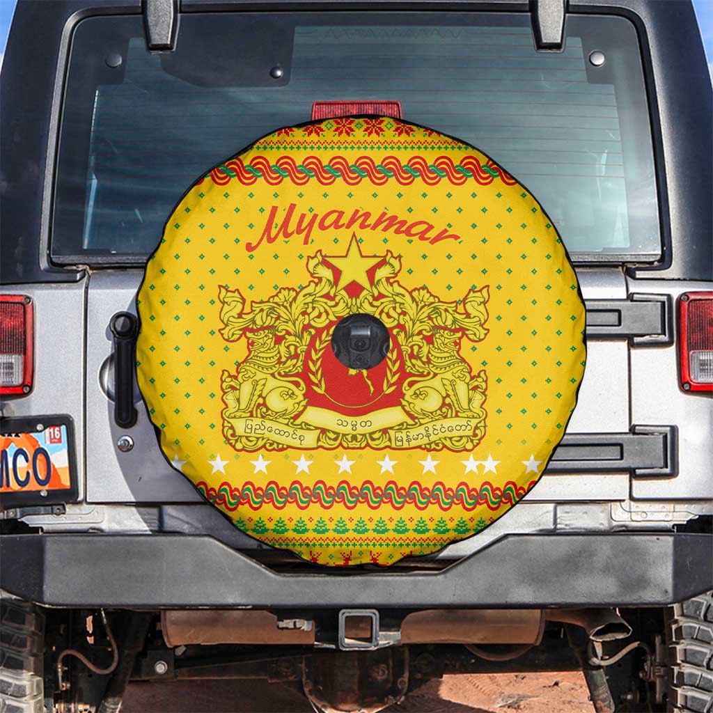 Myanmar Christmas Spare Tire Cover with Yellow-Red-Green Theme, National Emblem, and Star Motif - Wonder Print Shop