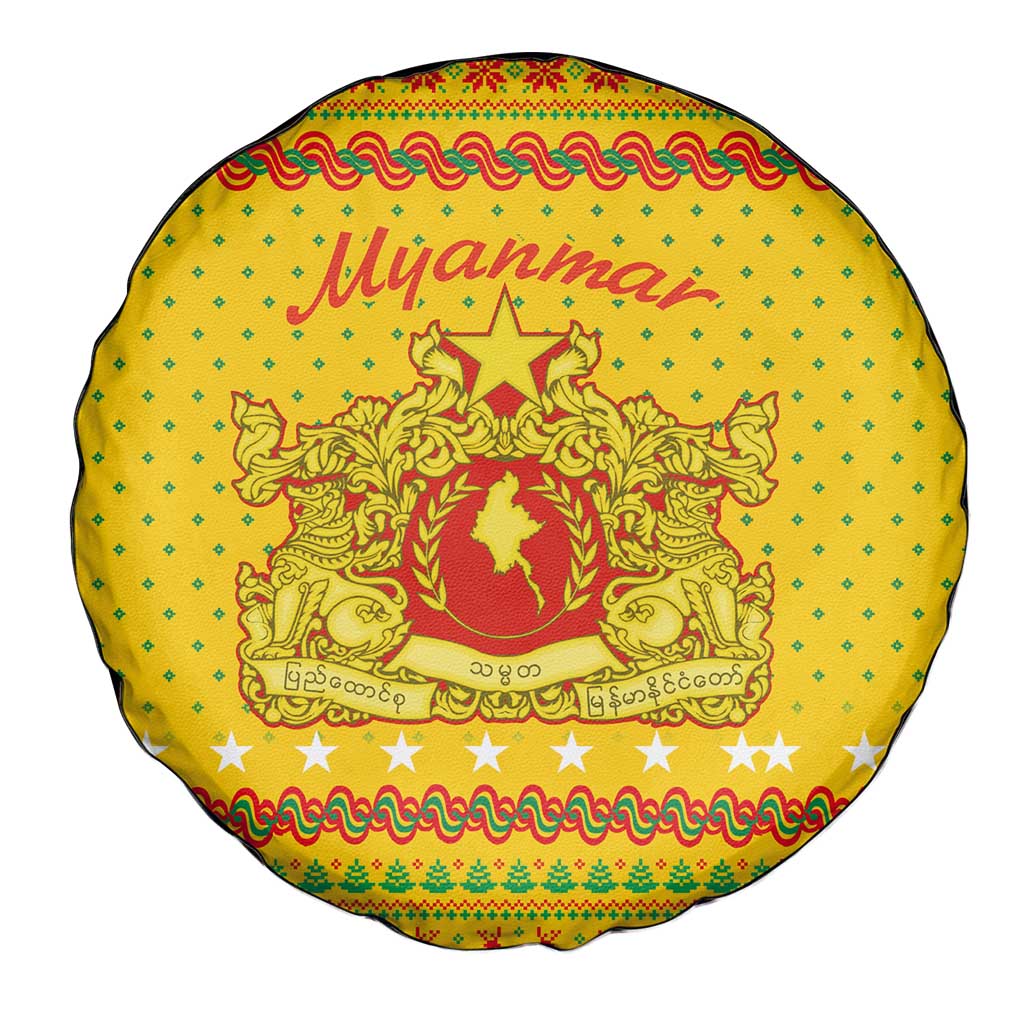 Myanmar Christmas Spare Tire Cover with Yellow-Red-Green Theme, National Emblem, and Star Motif - Wonder Print Shop