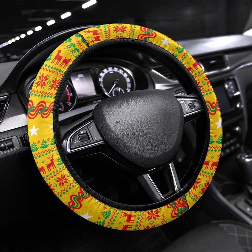 Myanmar Christmas Steering Wheel Cover with Yellow-Red-Green Theme, National Emblem, and Star Motif - Wonder Print Shop