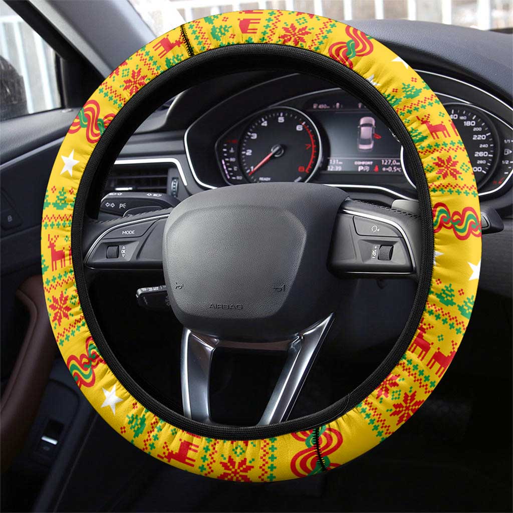 Myanmar Christmas Steering Wheel Cover with Yellow-Red-Green Theme, National Emblem, and Star Motif - Wonder Print Shop