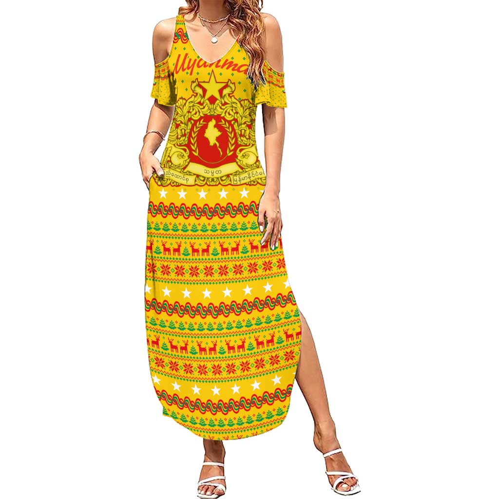 Myanmar Christmas Summer Maxi Dress with Yellow-Red-Green Theme, National Emblem, and Star Motif - Wonder Print Shop