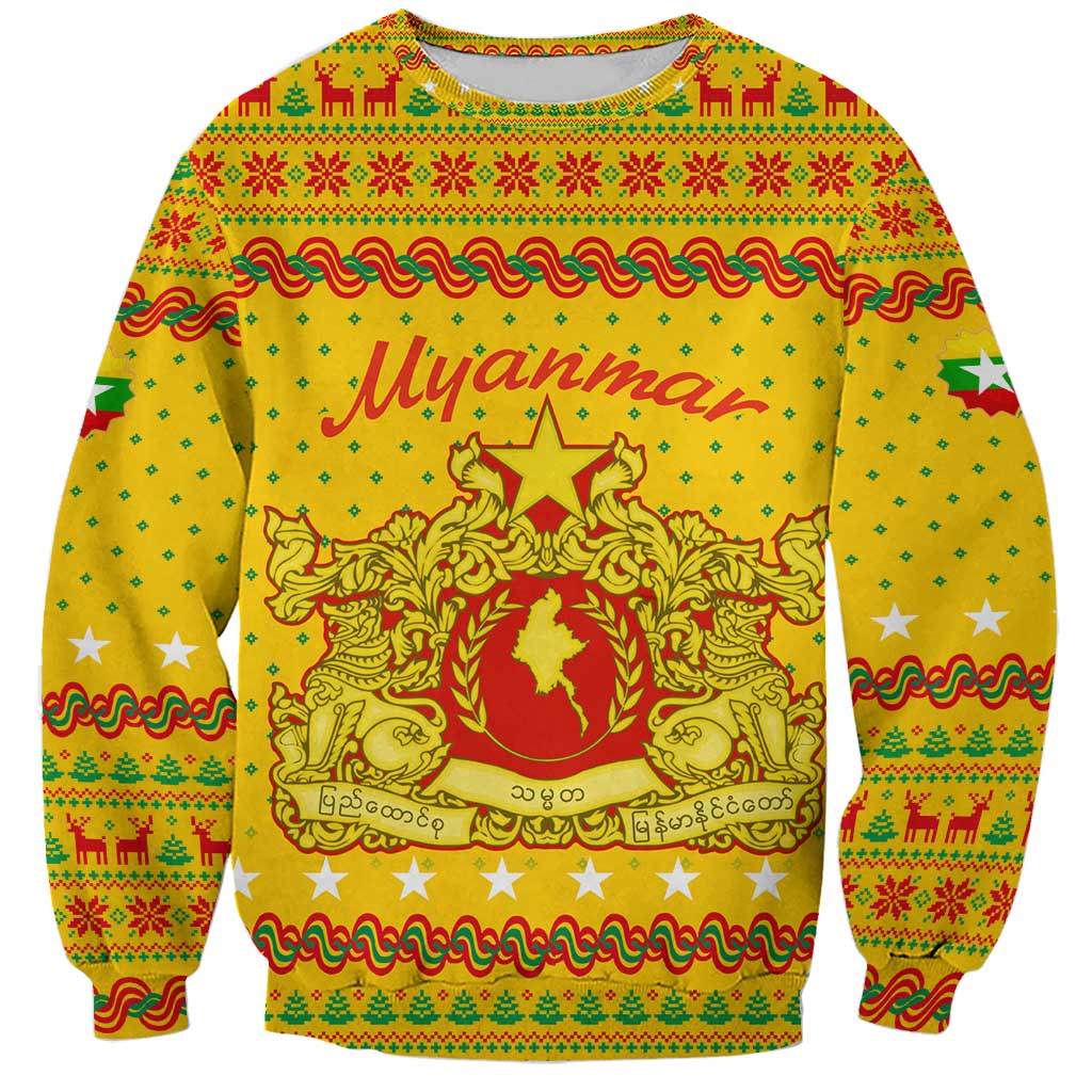 Myanmar Christmas Sweatshirt with Yellow-Red-Green Theme, National Emblem, and Star Motif - Wonder Print Shop